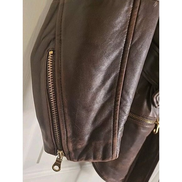 Andrew Marc Addition Women Brown Bomber Leather Jacket Faux Fur Collar Small VTG - Picture 5 of 16